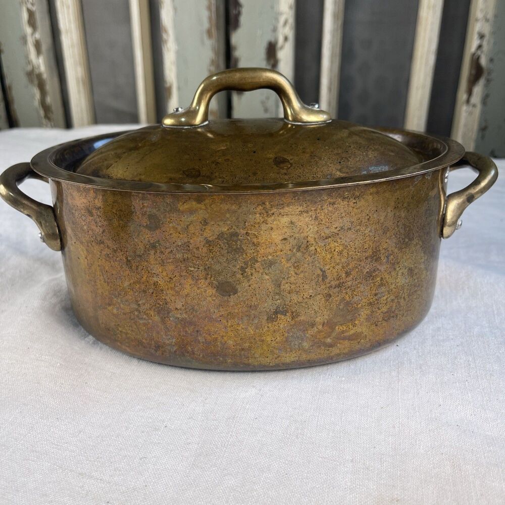 Vintage French Copper Oval Dutch Oven Casserole Lid Brass Handles Made in France
